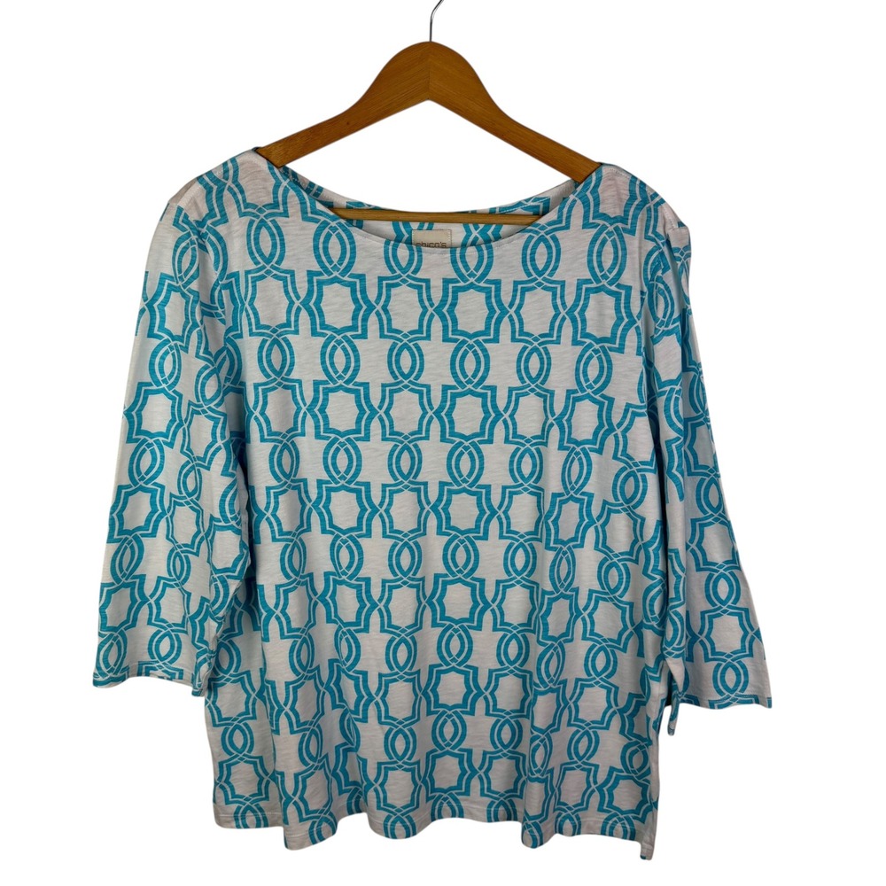 Chicos Geometric Trellis Cotton Slub Knit Top Sz 3 XL Blue Coastal Preppy Comfy‎